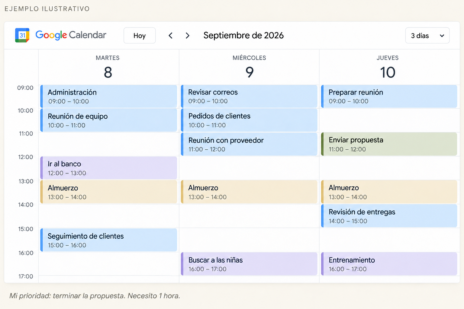 Ejemplo de una agenda semanal en Google Calendar con bloques de tiempo y la prioridad Enviar propuesta marcada